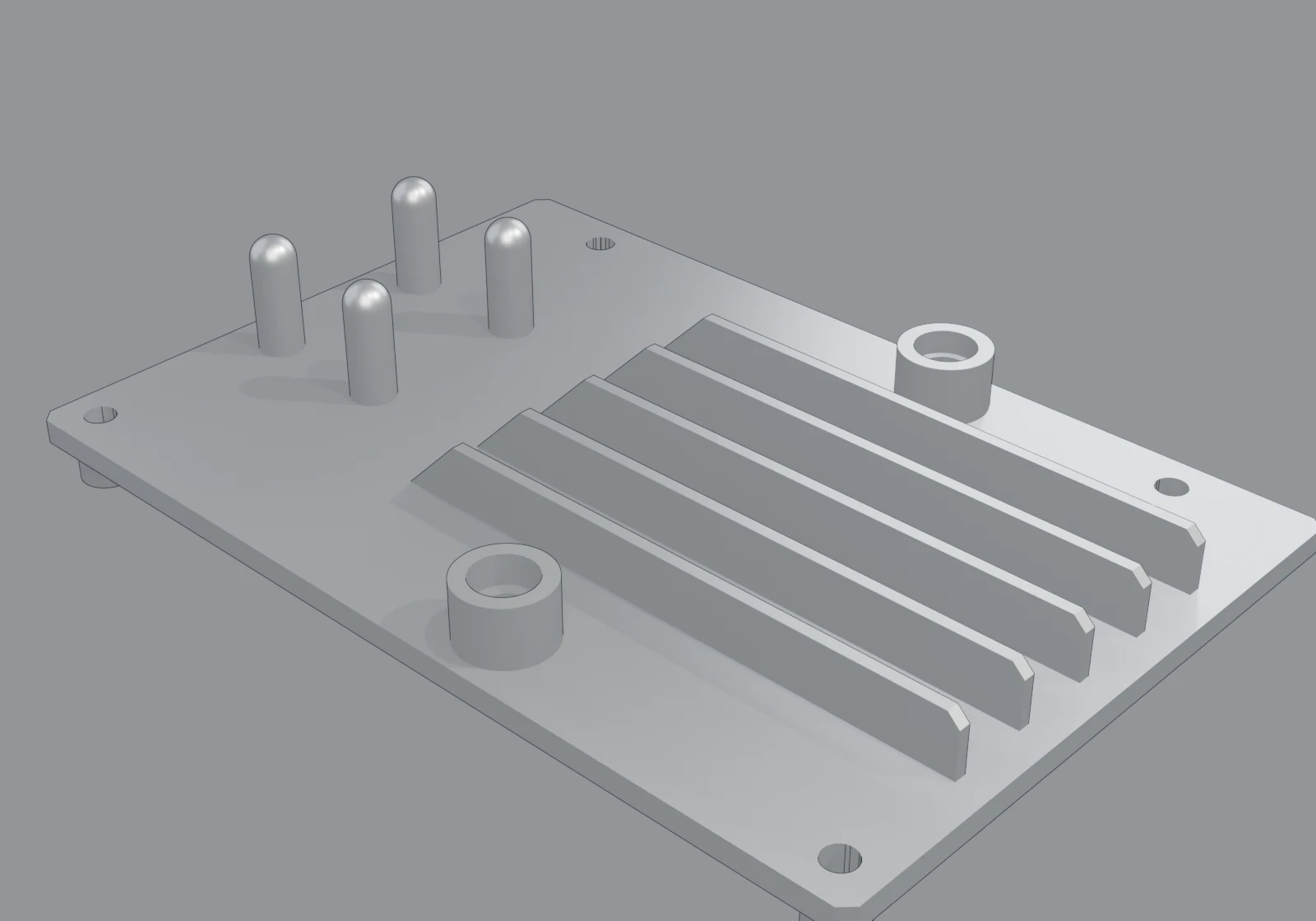 Three-quarter Blender render of the reconstructed aluminium heat sink, showing five fins, four hemispherical pins, two bosses, mounting holes and chamfered plate corners.
