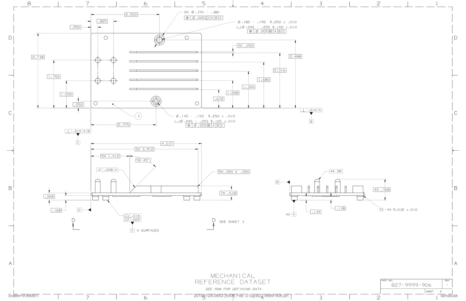 Sheet two of NIST engineering drawing 827-9999-906, showing dimensioned top, front and right orthographic views of the heat sink.
