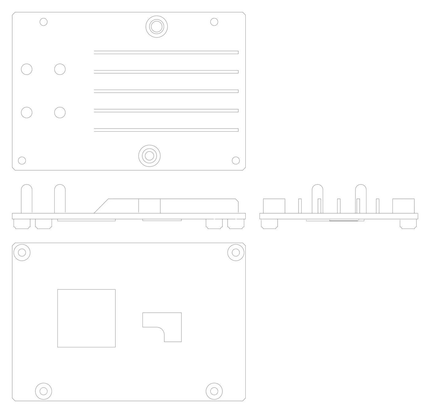 Top, front, right and underside orthographic line views regenerated from the authored Blender model.