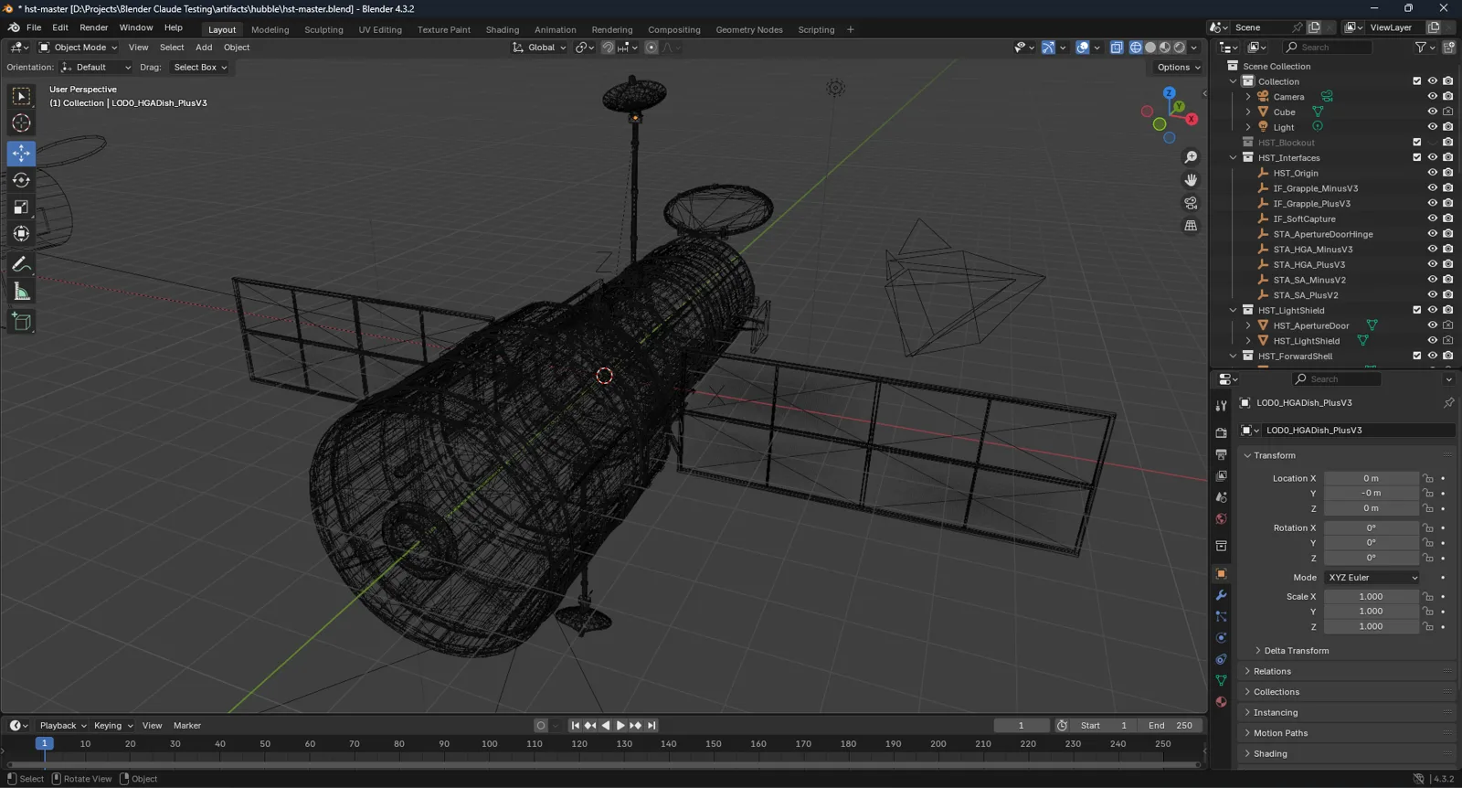 The accepted Hubble assembly shown in Blender's native wireframe viewport, exposing dense production topology across the shell, solar arrays, antennas and aperture door.