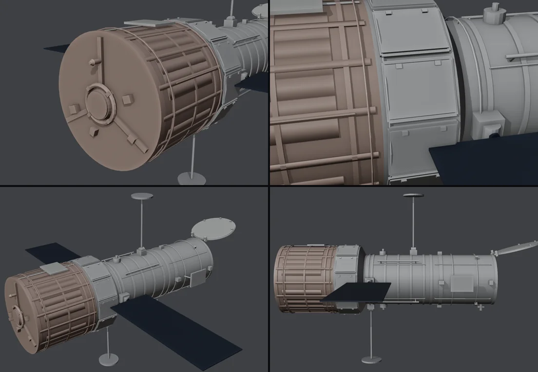 Four-view Blender build sheet for Hubble's equipment and aft sections.
