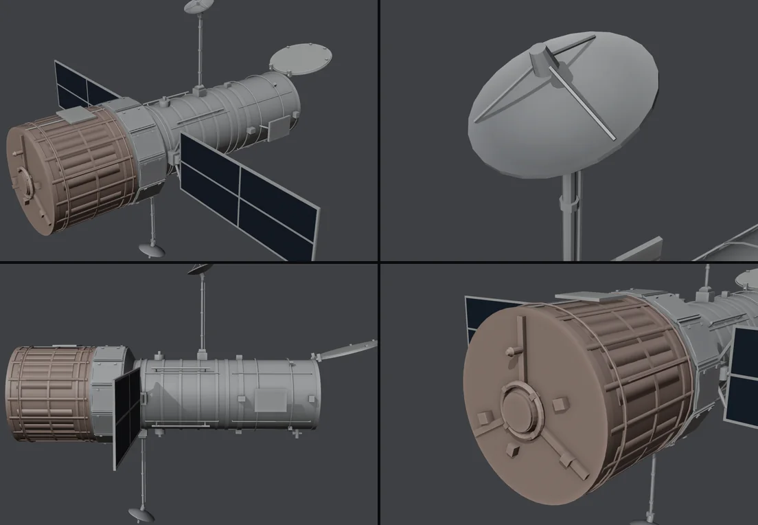 Four-view Blender build sheet showing Hubble's antennas and final exterior details.