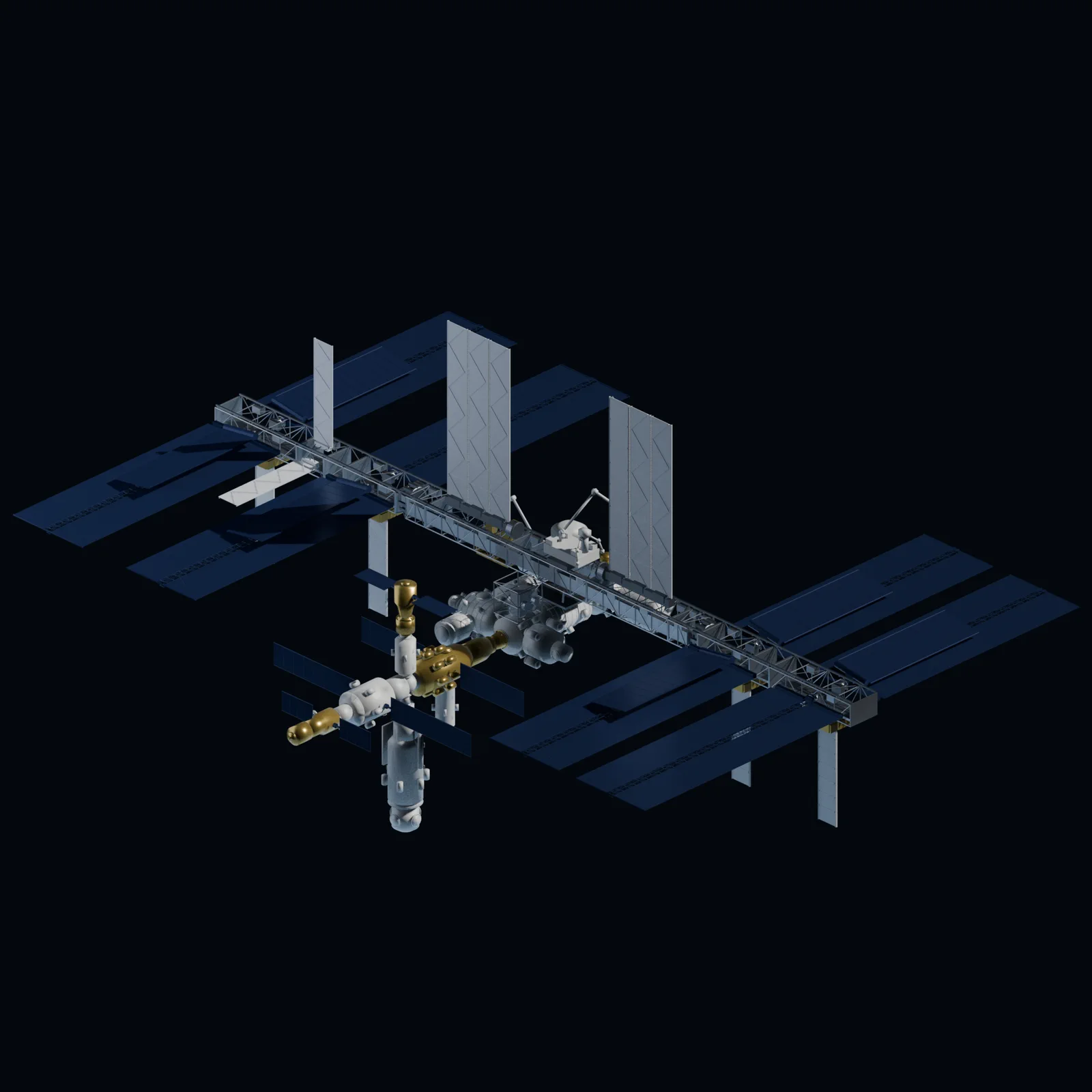 A full researched current-era reconstruction of the International Space Station, with long trusses, eight solar array wings, six iROSA arrays, radiators, international modules, Russian segment, robotic arm, and docking structures visible against a dark studio background.