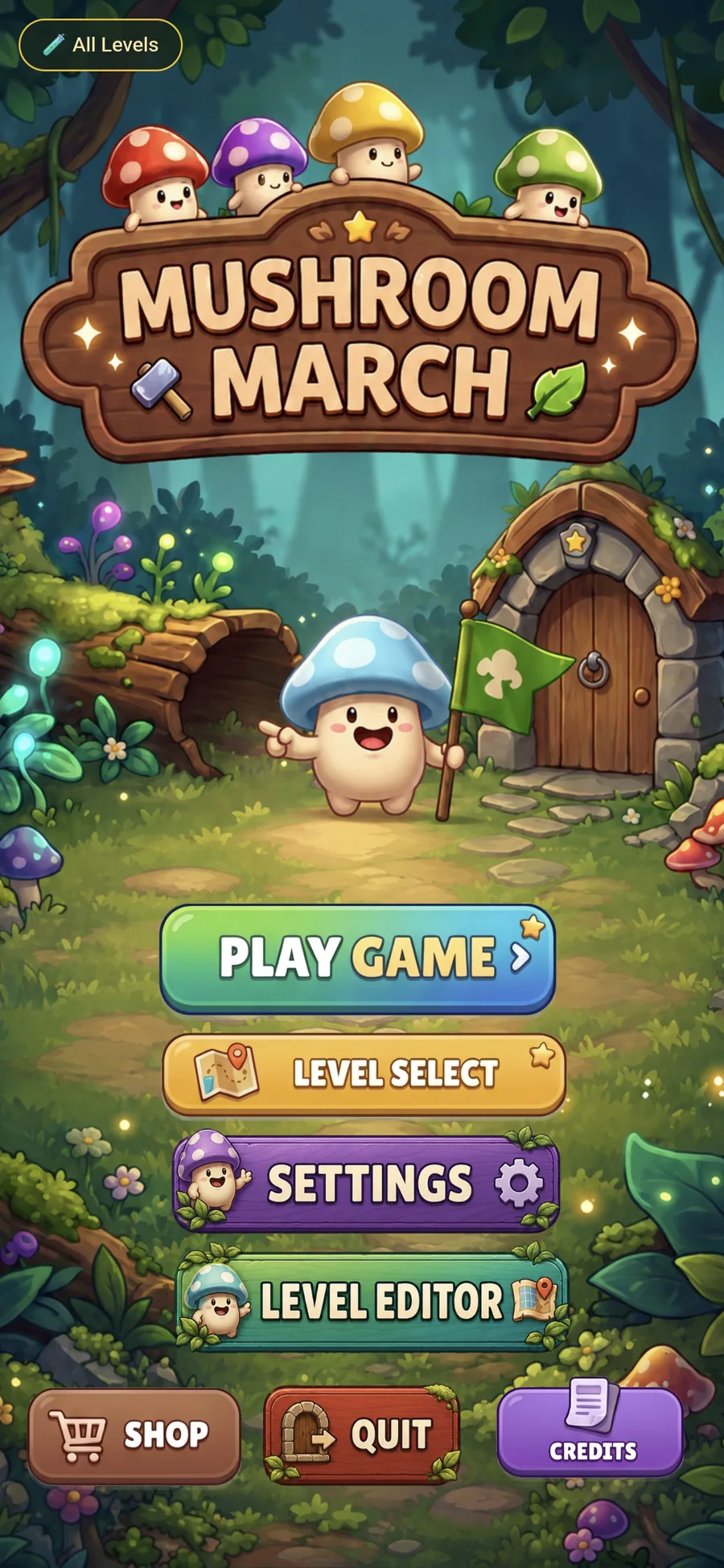 The Mushroom March phone game main menu with its illustrated mushroom characters.