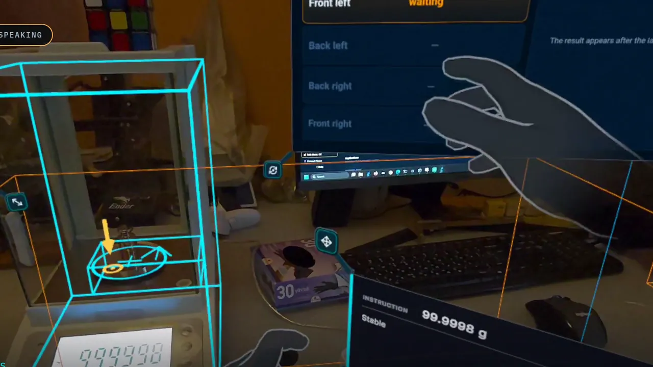 Headset view: an outline and marker on the balance pan, with the live reading 99.9998 g