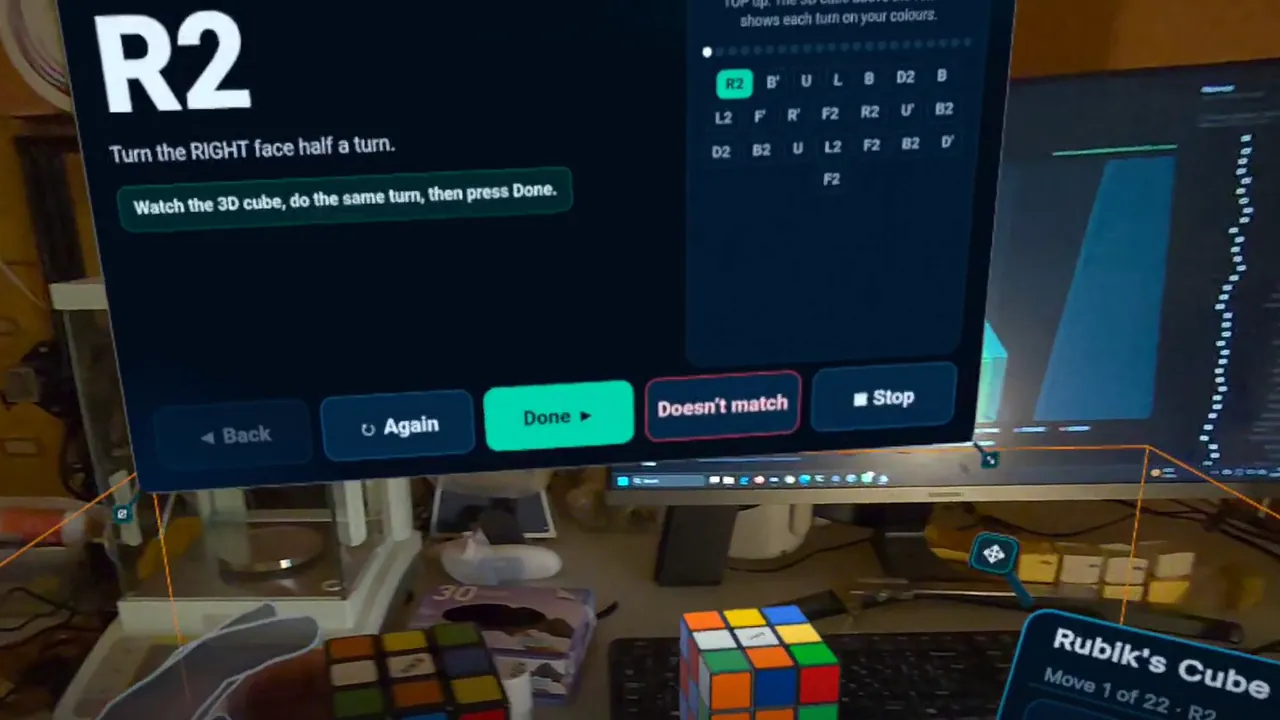 Headset view: the move R2 shown on a panel above a real Rubik&rsquo;s cube